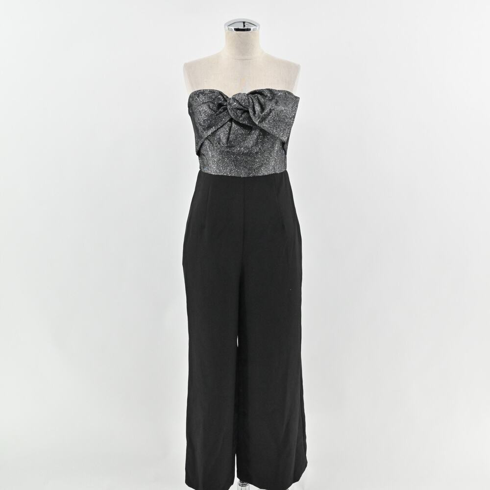 SAM EDELMAN Womens Cady Jumpsuit Size 4‎ Black Silver Glitter Strapless Bow NEW